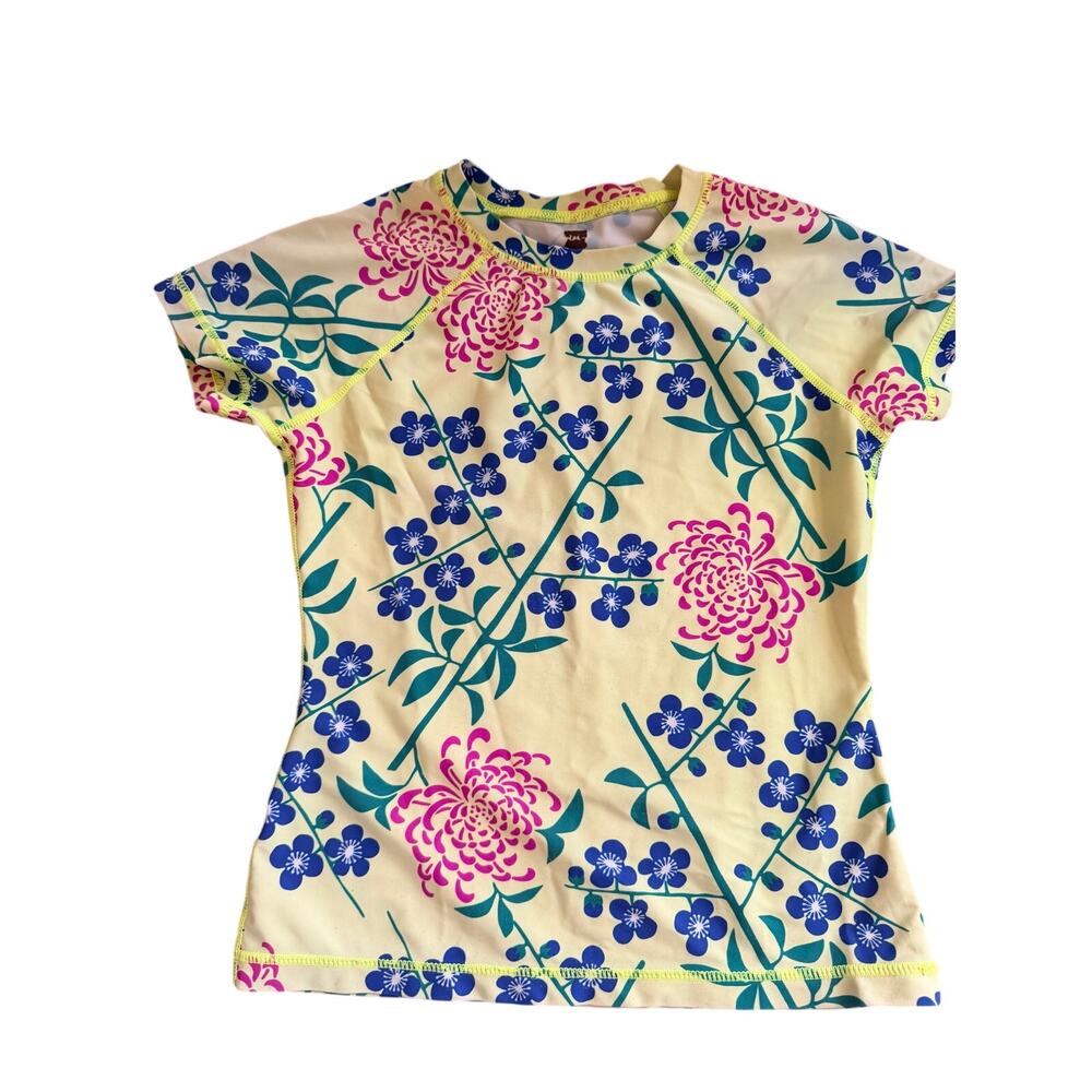 Tea Collection Girl's Yellow Floral Short Sleeve Rash Guard 10